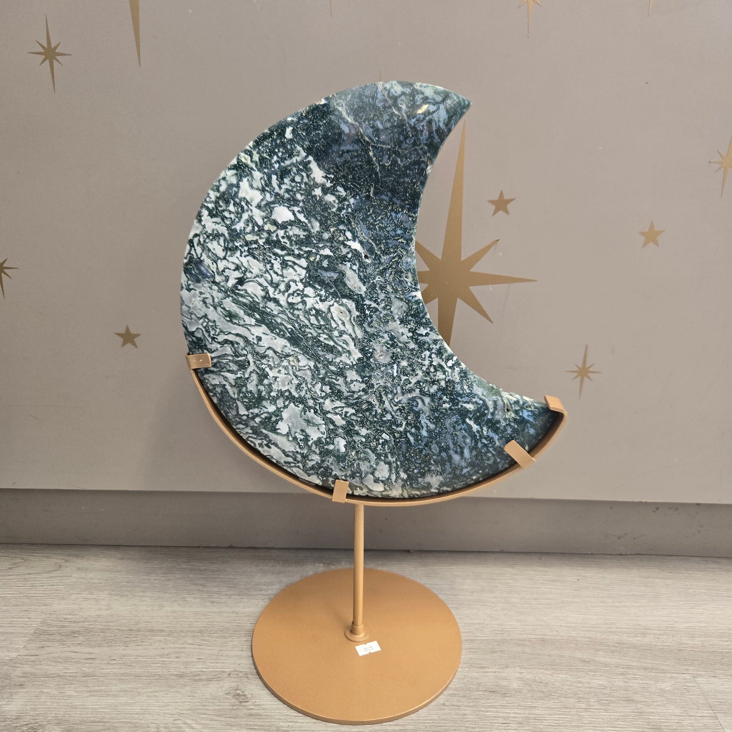 Moss Agate Moon on Stand 203