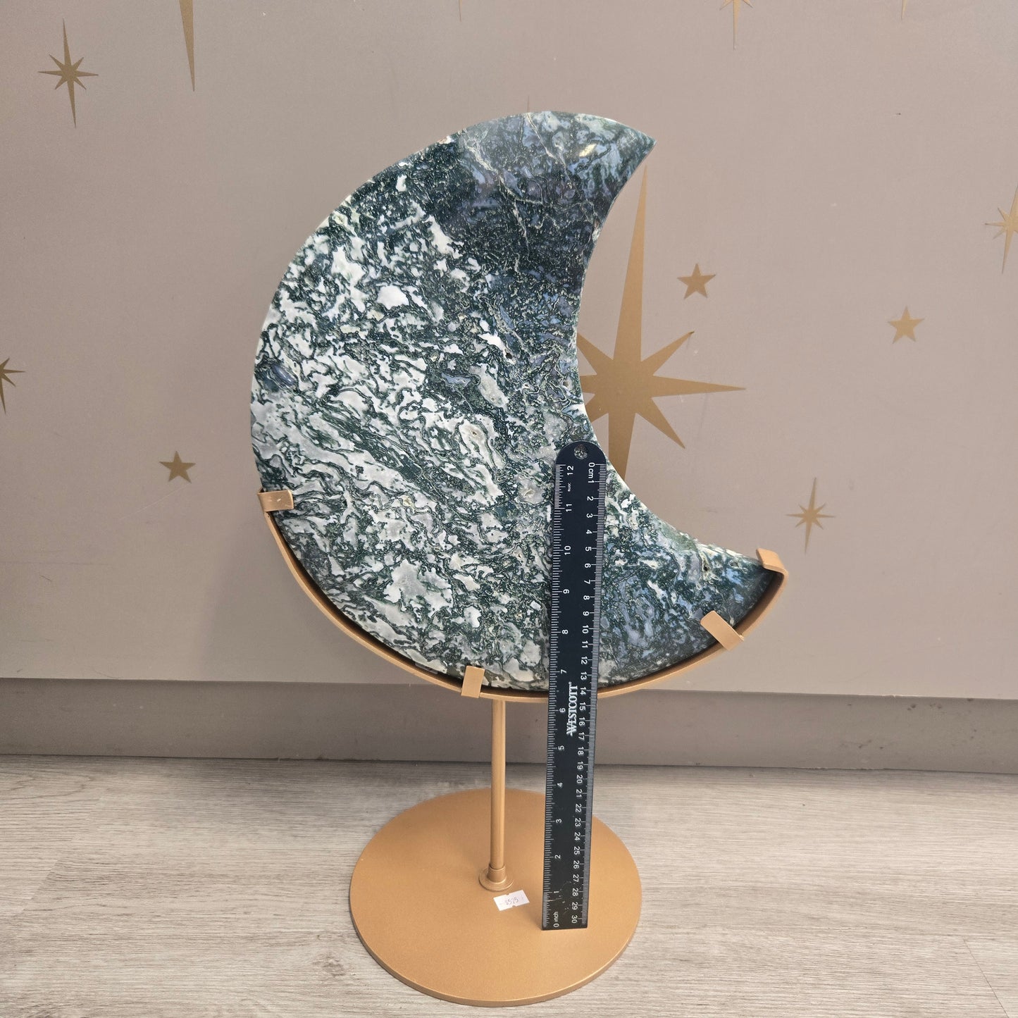Moss Agate Moon on Stand 203