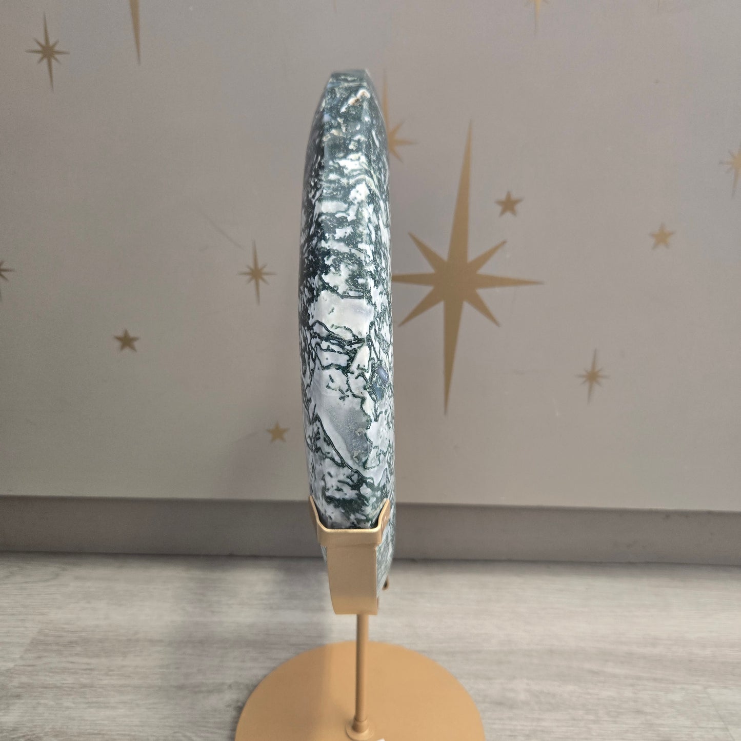 Moss Agate Moon on Stand 203