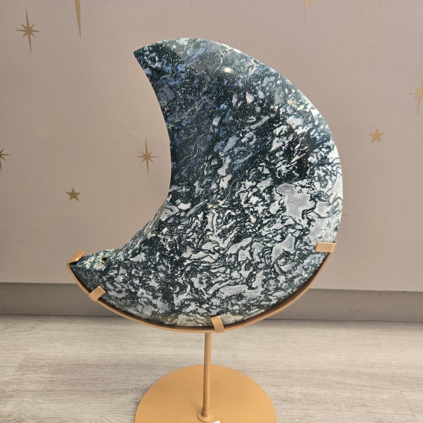 Moss Agate Moon on Stand 203