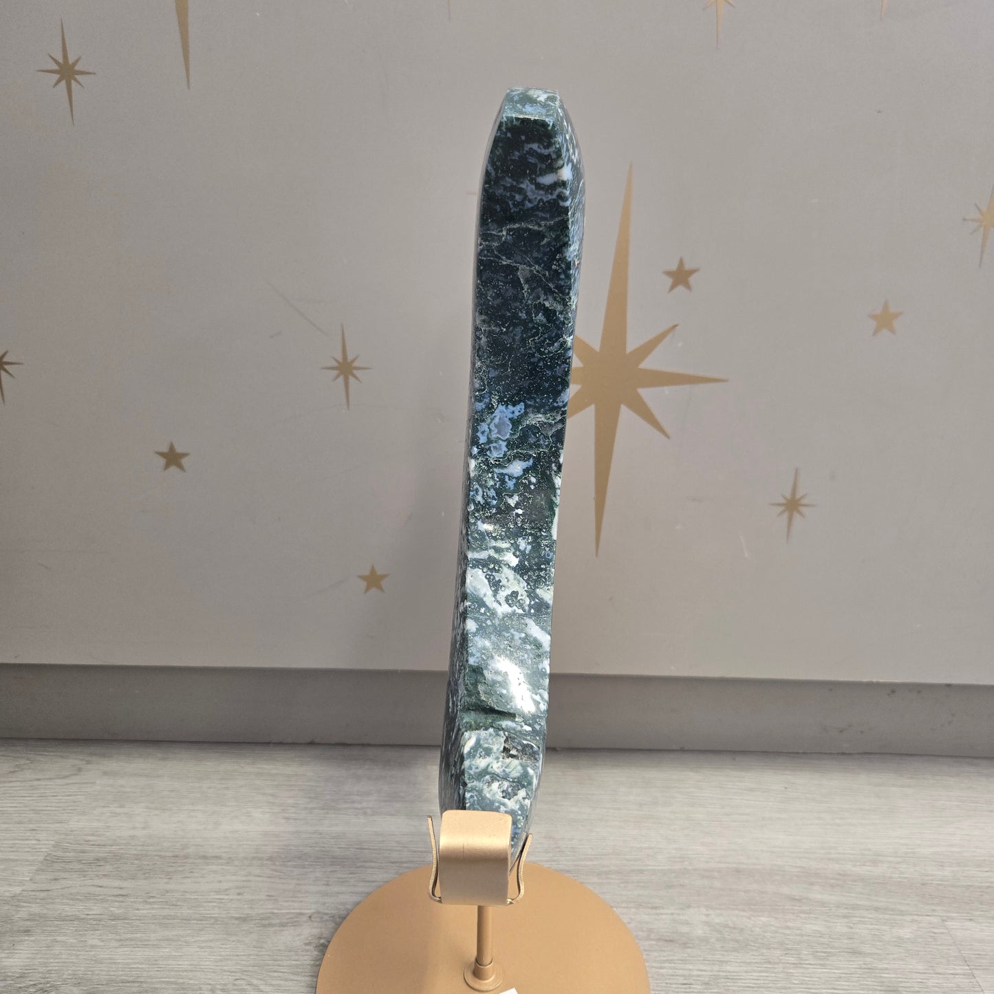 Moss Agate Moon on Stand 203