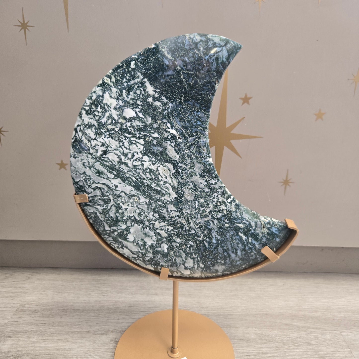 Moss Agate Moon on Stand 203