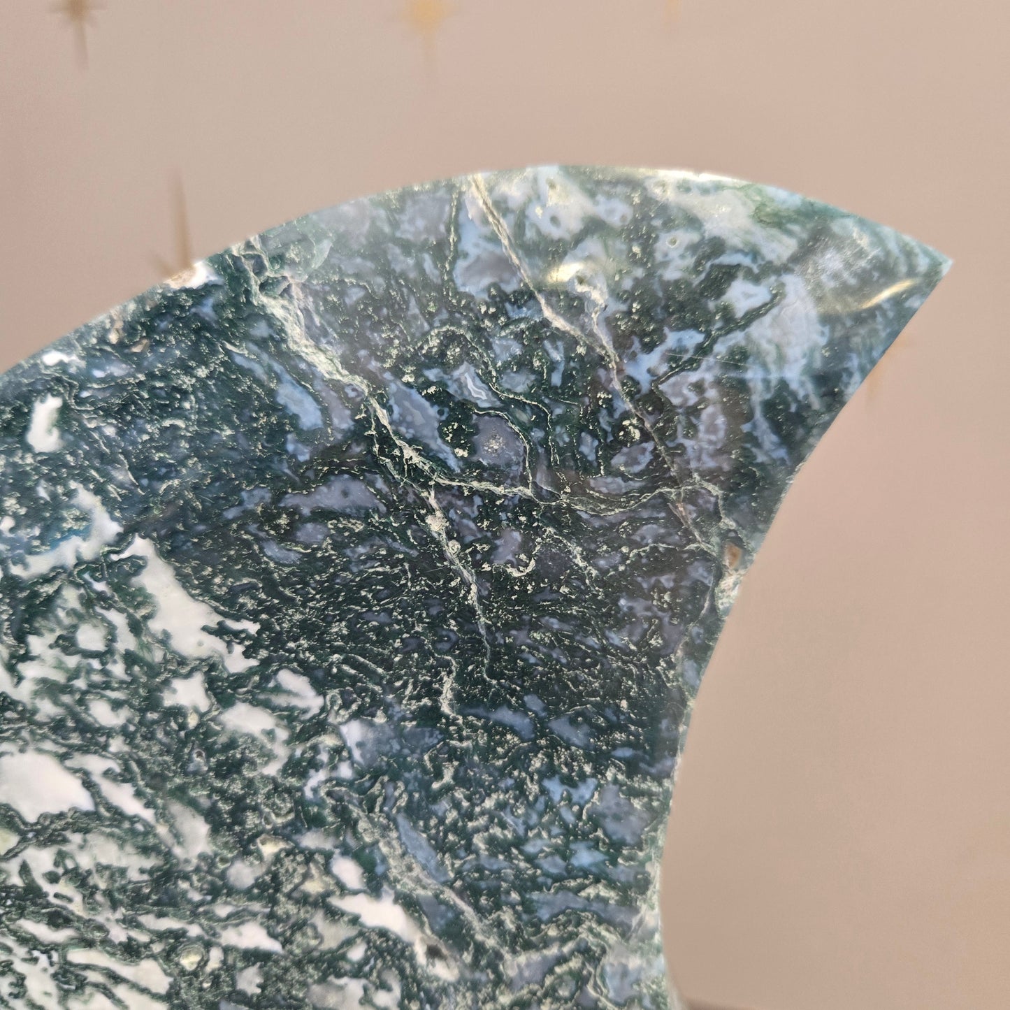Moss Agate Moon on Stand 203