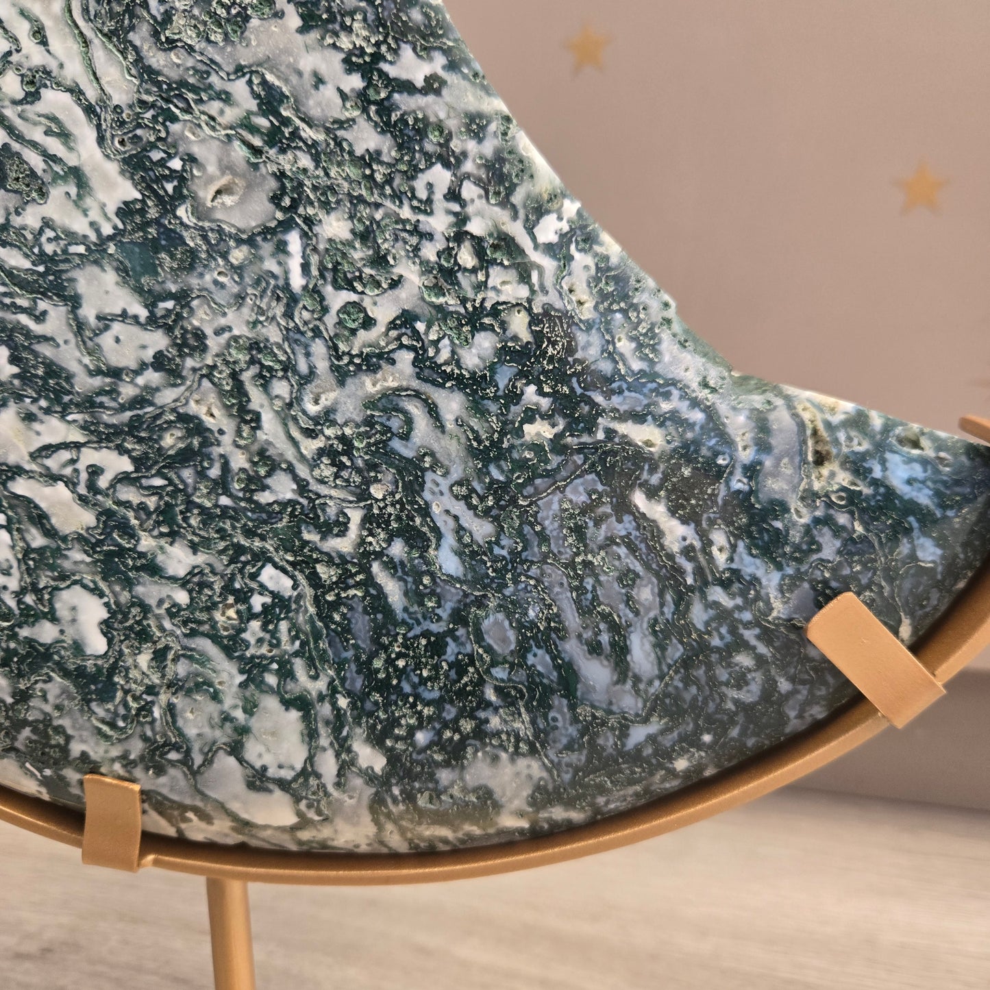 Moss Agate Moon on Stand 203