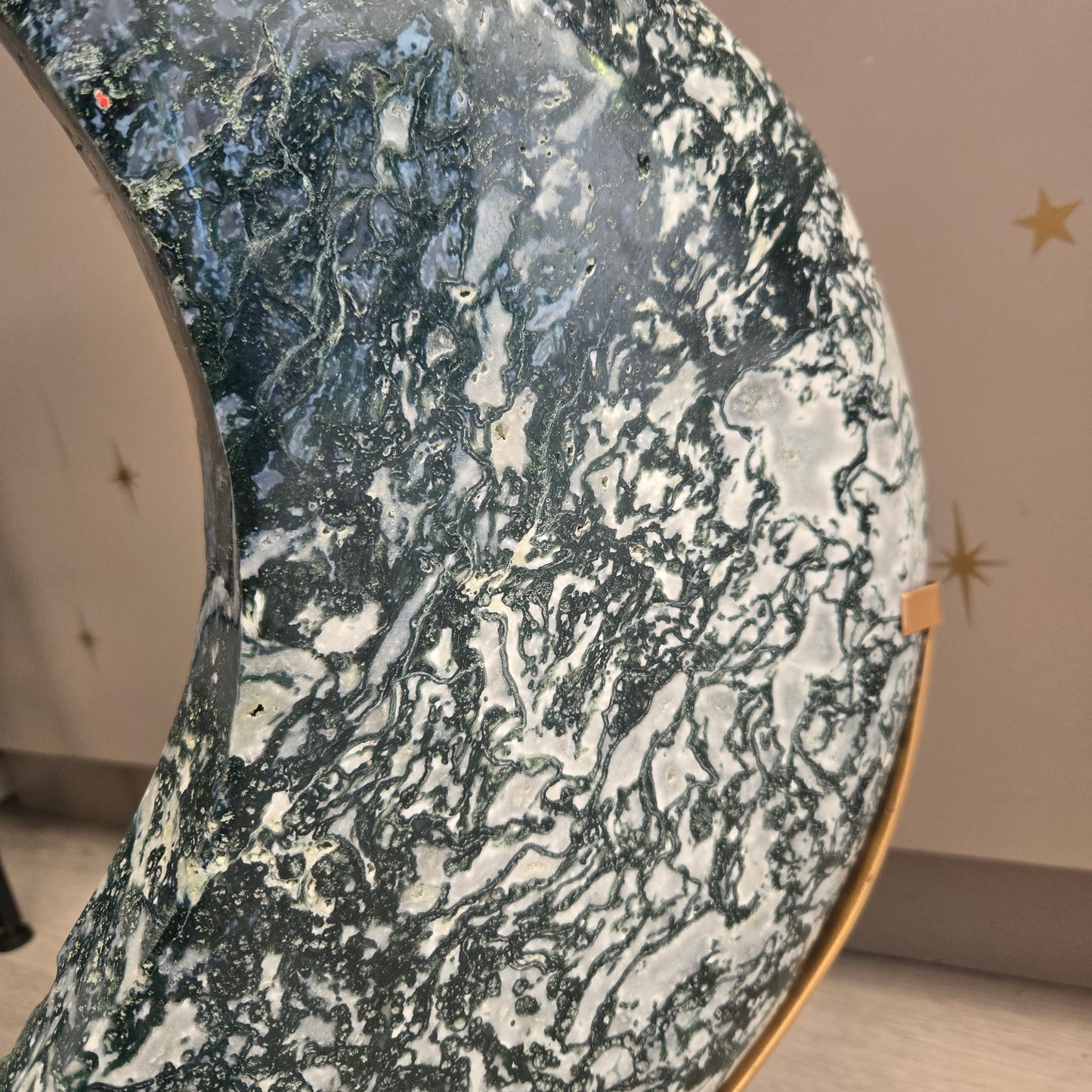 Moss Agate Moon on Stand 203