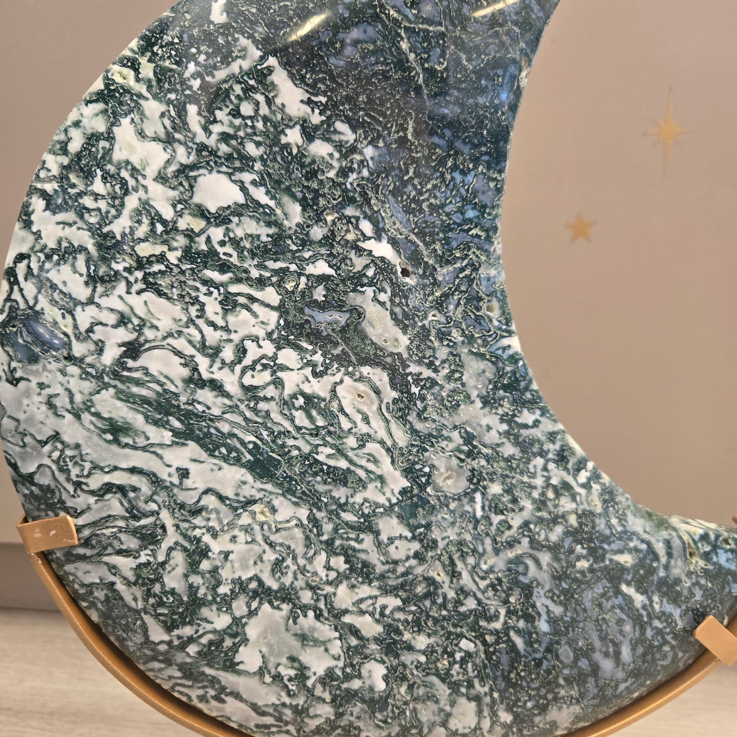 Moss Agate Moon on Stand 203