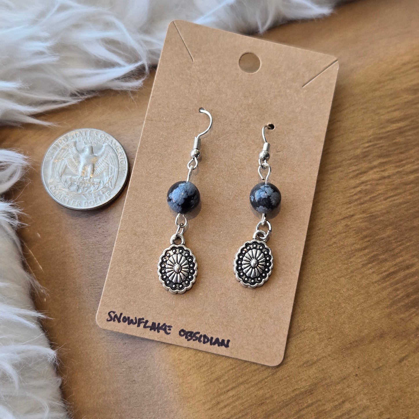 Snowflake Obsidian with Silver Oval Earrings 1224