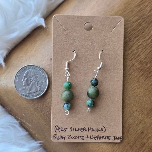 Ruby Zoisite & Nephrite Jade Earrings (w/925 Silver Hooks) 1177