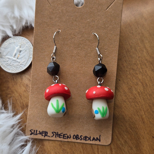 Mushroom with Silver Sheen Obsidian Earrings 1214