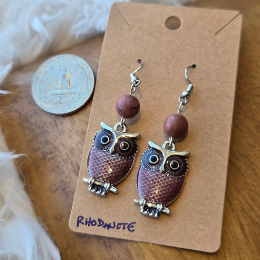 Owl with Rhodanite Earrings 1221