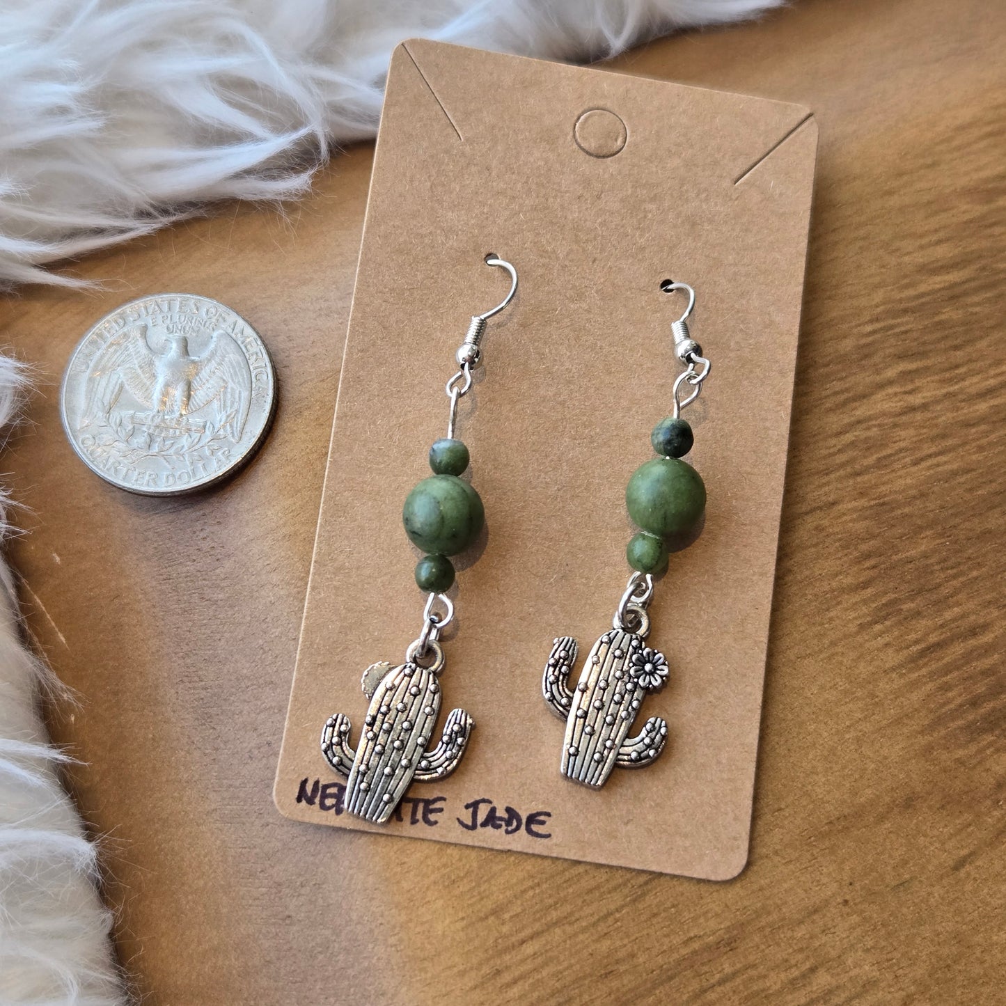 Nephrite Jade with Silver Cactus Earrings 1227
