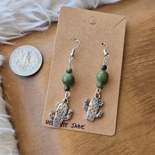 Nephrite Jade with Silver Cactus Earrings 1227