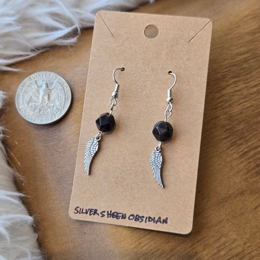 Silver Sheen Obsidian with Silver Wings Earrings 1225