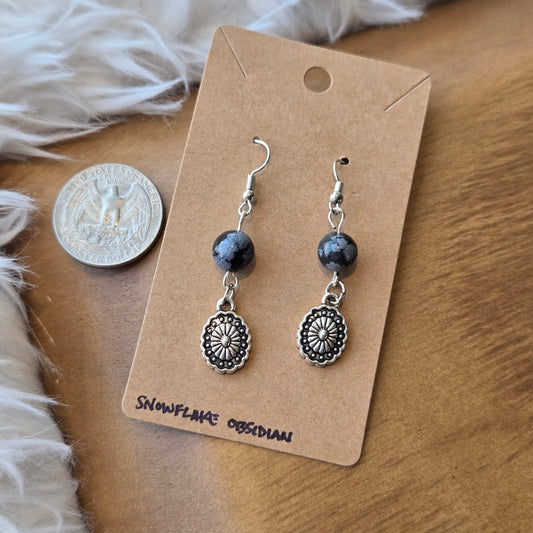 Snowflake Obsidian with Silver Oval Earrings 1224