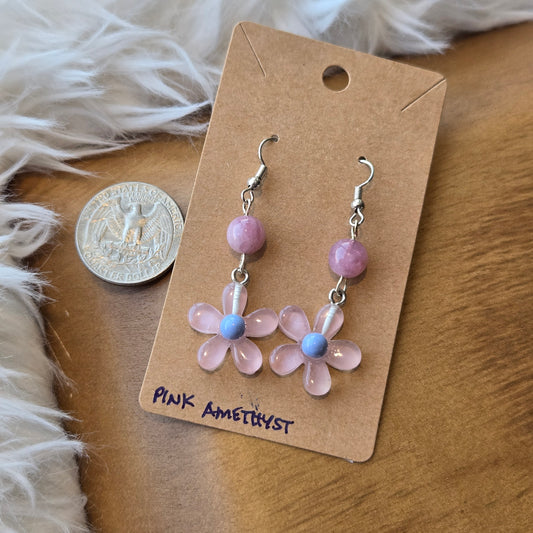 Flower with Pink Amethyst  Earrings 1228