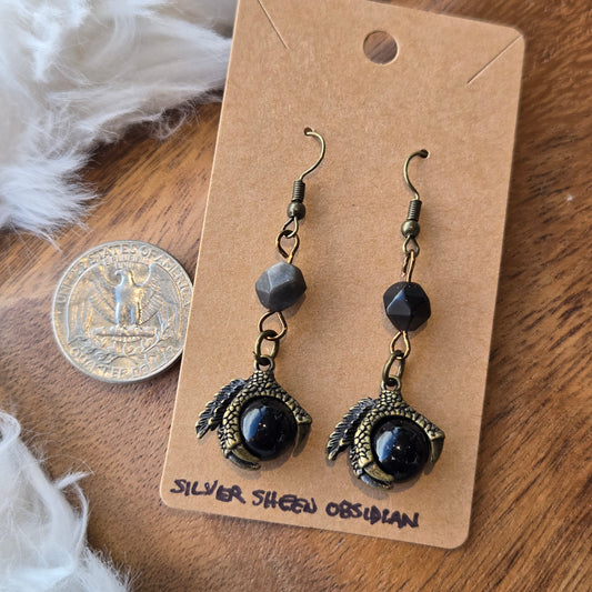 Silver Sheen Obsidian with Claw Earrings 1232