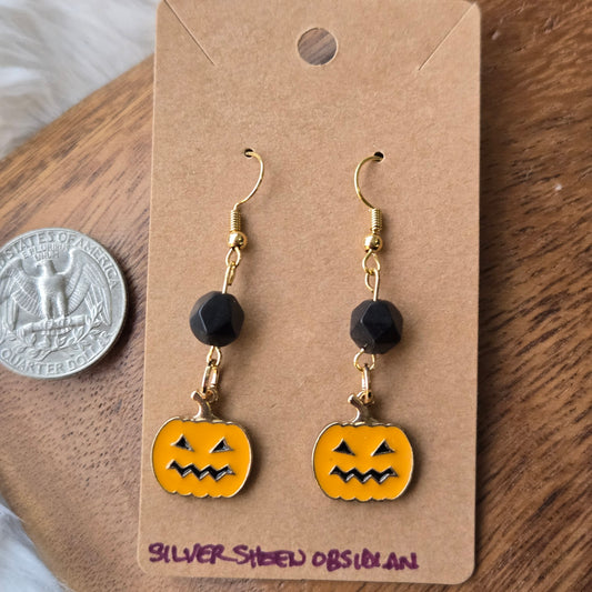 Silver Sheen Obsidian with Pumpkins Earrings 1275