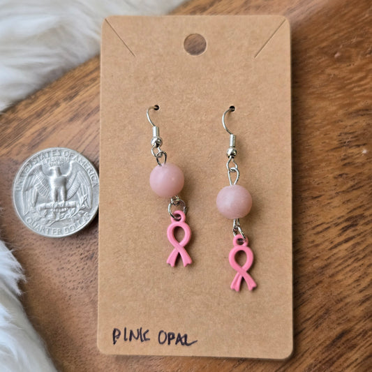 Pink Opal with Cancer Ribbons Earrings 1268