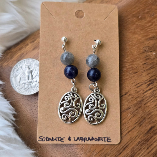 Sodalite & Labradorite with Oval Pendant Earrings 1272