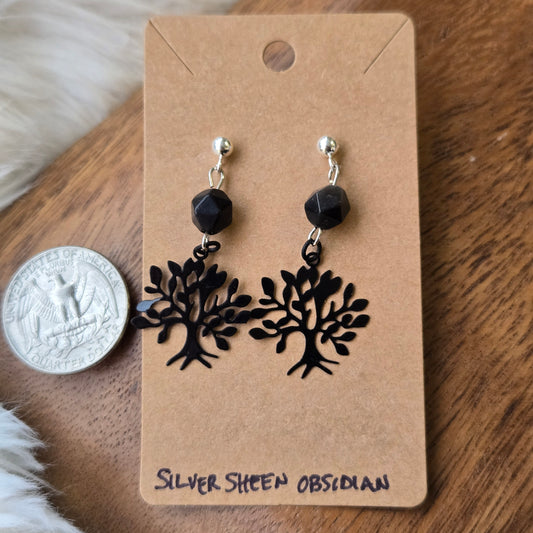 Silver Sheen Obsidian with Tree Silhouette Earrings 1266