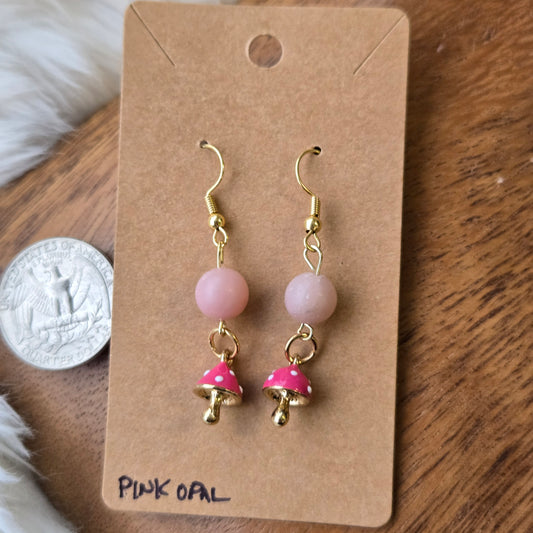 Pink Opal with Mushrooms Earrings 1260