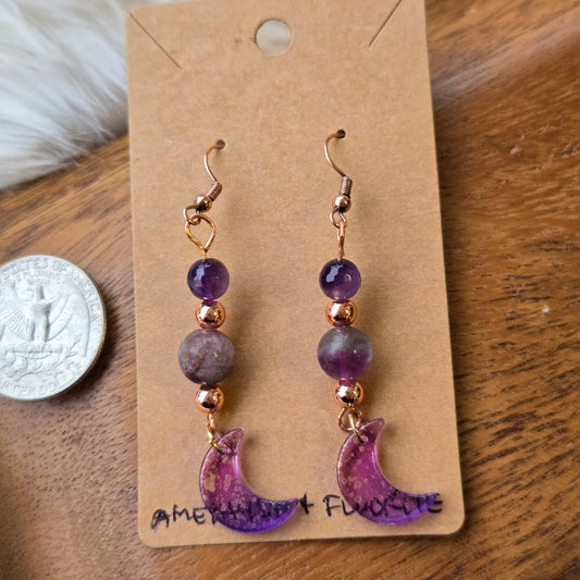 Amethyst & Fluorite with Moons Earrings 1258