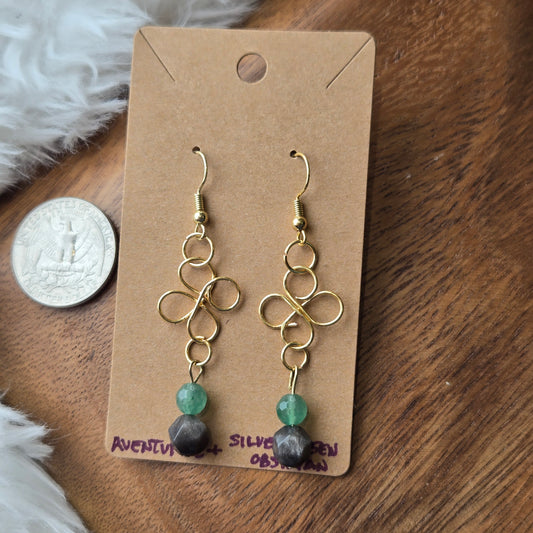 Aventurine & Silver Sheen Obsidian Clover Earrings 1341