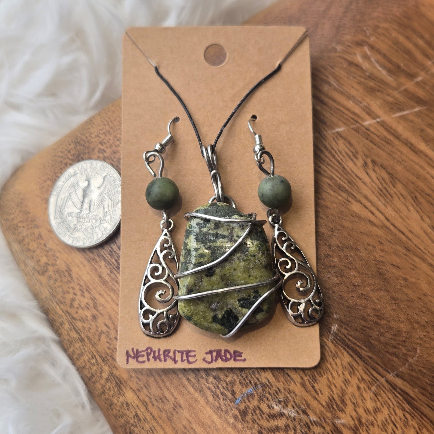 Nephrite Jade Pendant & Earring Set 1358