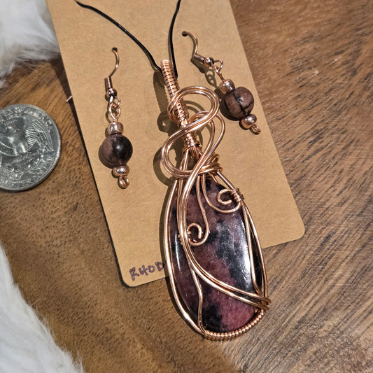 Rhodonite Pendant & Earring Set 1366