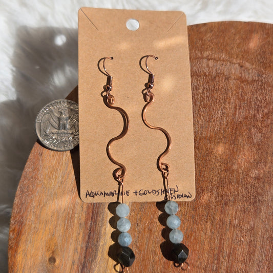 Aquamarine & Gold Sheen Obsidian Earrings 1076