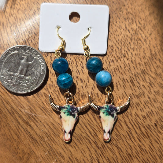 Blue Apatite Earrings w/Longhorn Skulls 1133