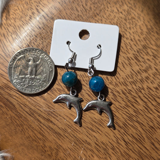 Blue Apatite Earrings w/Dolphins 1114