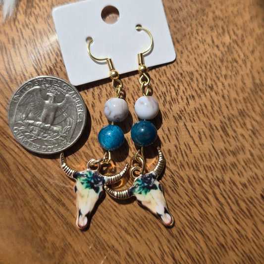 Blue Apatite Earrings w/Longhorn Skulls 1132
