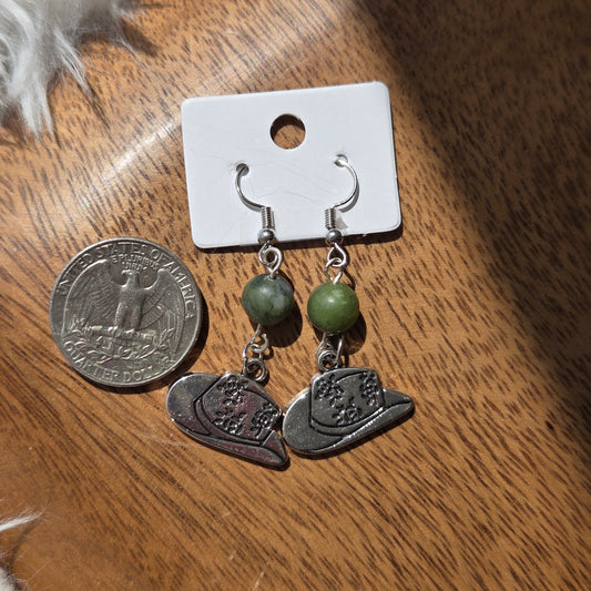 Nephrite Jade Earrings w/Cowboy Hats 1139